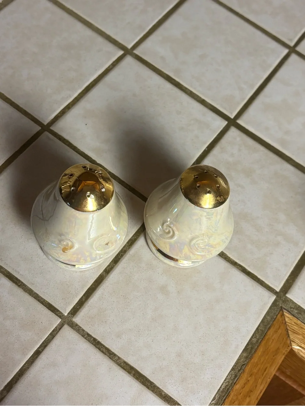 Vintage 1950s Lustreware Mushroom Salt & Pepper Shakers Gold Trim Ceramic Pair